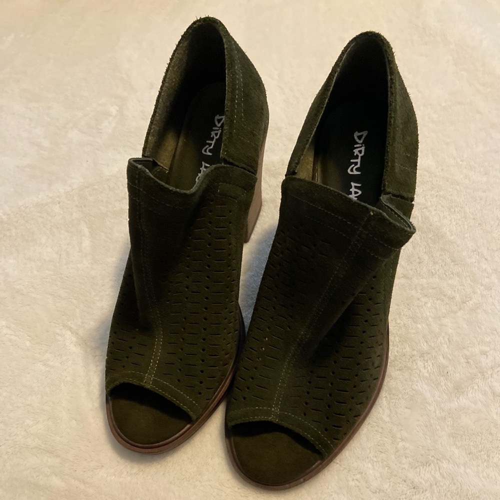 Dark green suede booties with open toe